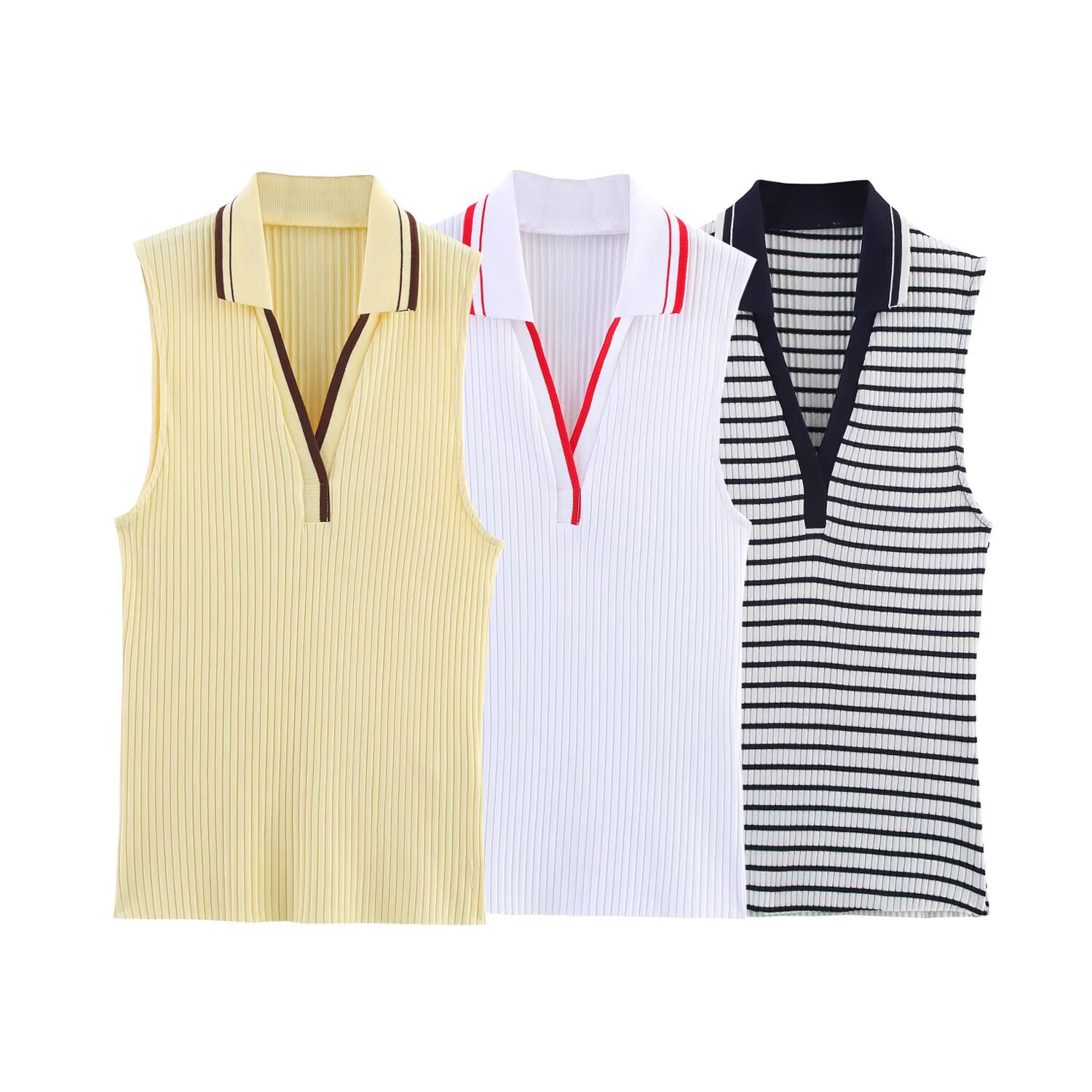 Été nouveau Style de mode côtelé sans manches col Polo T-shirt Style sportif Polo petit gilet haut vêtements pour femmes