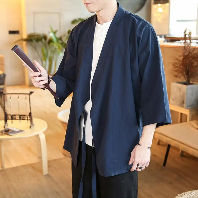Kimono japonais solide pour hommes, Streetwear japonais, chemise, chemisier, vêtements coréens, Cardigan 5XL, été