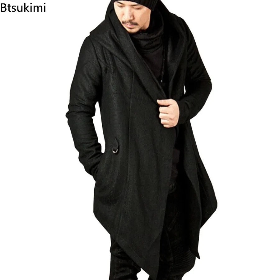 Men's Fashion Hoodies Cardigan Solid Pocket Loose Trench Jackets Casual Open Stitch Gothic Hooded Long Cloak Cape Coats for Men