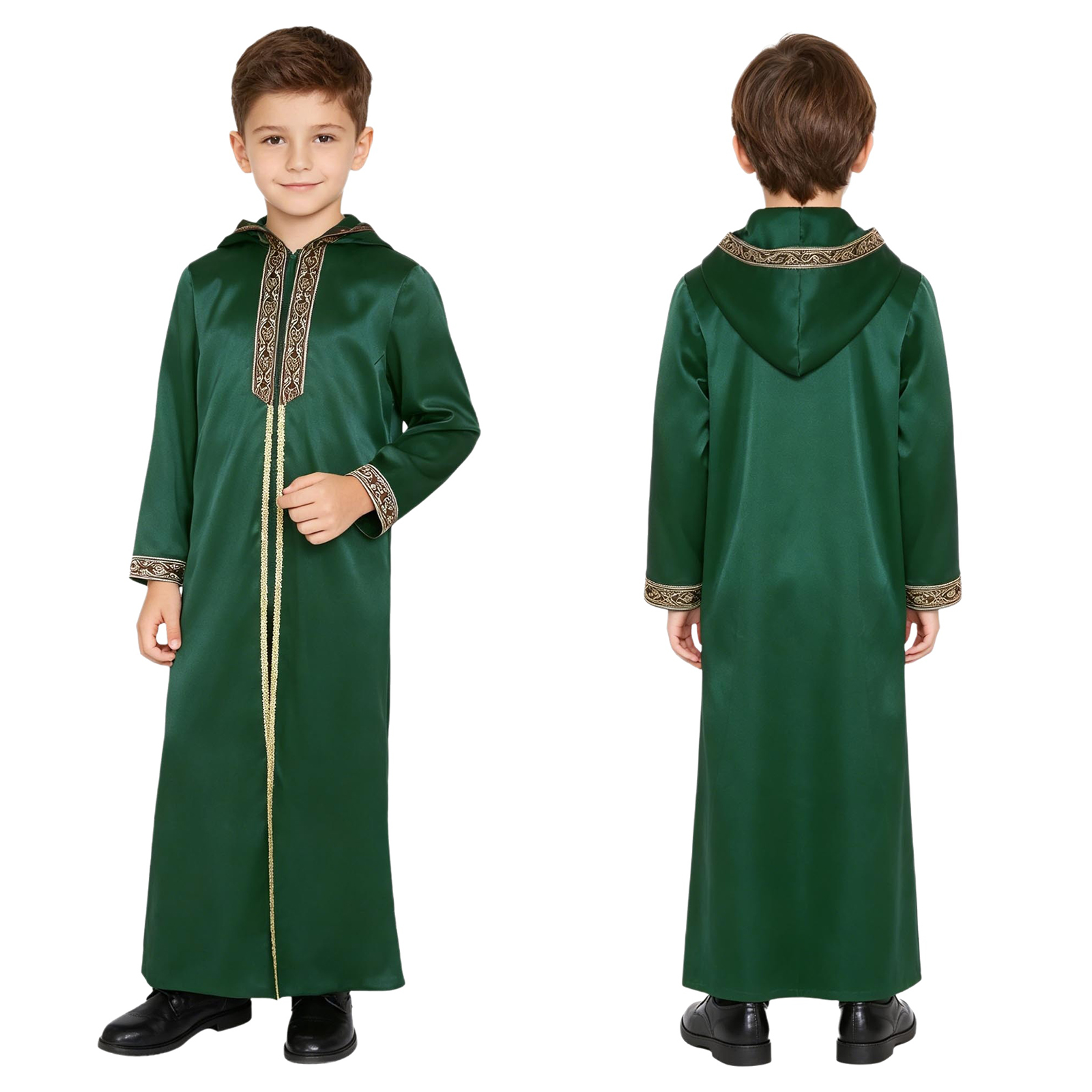 Robe arabe musulmane pour garçons, à capuche, manches longues, fermeture éclair, ruban tressé brodé doré, costume du Ramadan