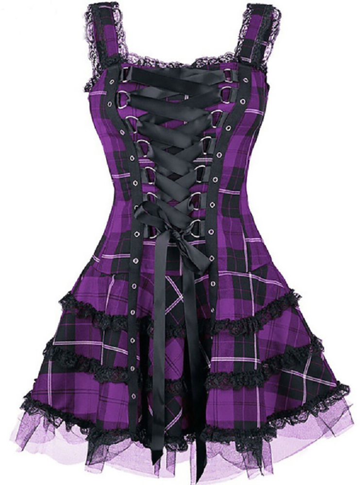 Mini robe bandage à carreaux vintage pour femmes, robes gothiques A-ligne, garniture en dentelle esthétique grunge, patchwork, punk, batterie, vêtements de fête sexy