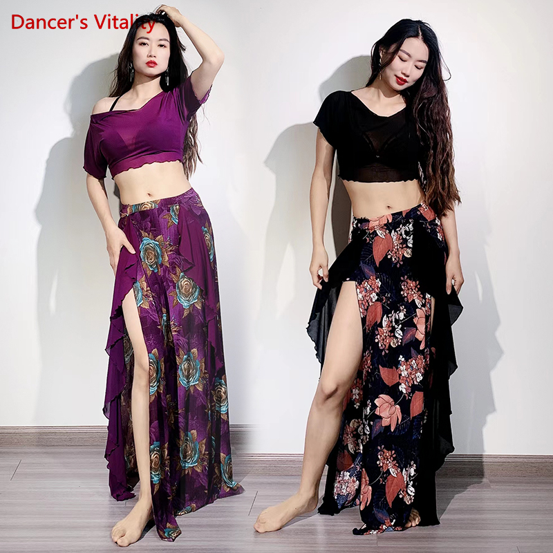 Vêtements d'entraînement de danse du ventre pour femmes, costume de danse du ventre en maille, haut à manches courtes + jupe longue imprimée, tenue de danse orientale féminine