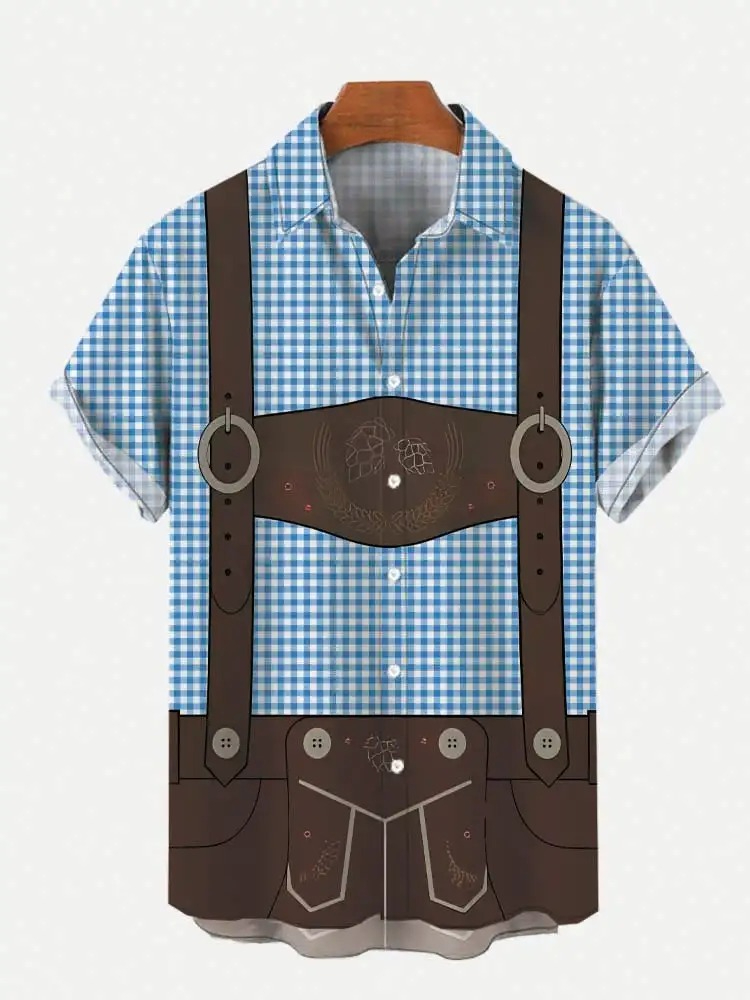 Chemises Hawaïennes à Manches Courtes pour Hommes, Nouveauté, Imprimé Complet, Motif Carreaux Bleus Classiques et Style Salopette, pour la Plage et l'Oktoberfest