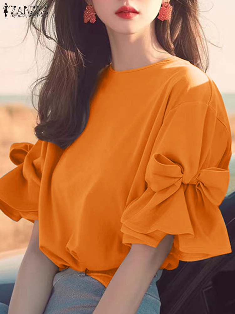ZANZEA femmes coréen volants en mousseline de soie Blouse automne élégant lanterne à manches courtes hauts printemps chemise Vintage nœud papillon Patchwork tunique