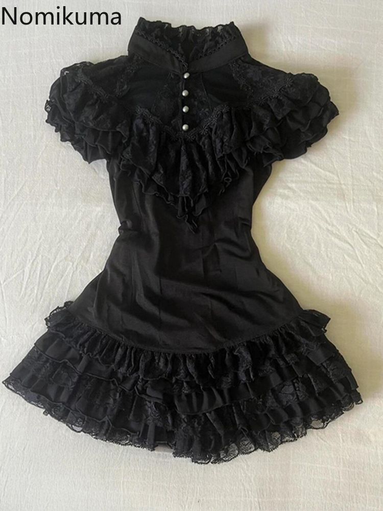 Ensemble jupe et haut pour femme, noir, 2 pièces, tunique à col montant, hauts patchwork, mini-jupes en dentelle, tenues chics d'été, ensemble élégant
