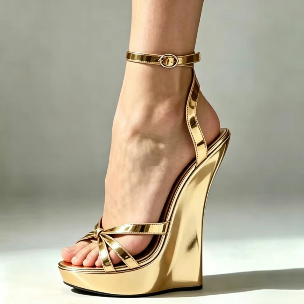 Sandales compensées métalliques pour femmes de 18 cm, talons hauts, chaussures d'été sexy pour spectacle, plateforme, bride à la cheville, or, personnalisables