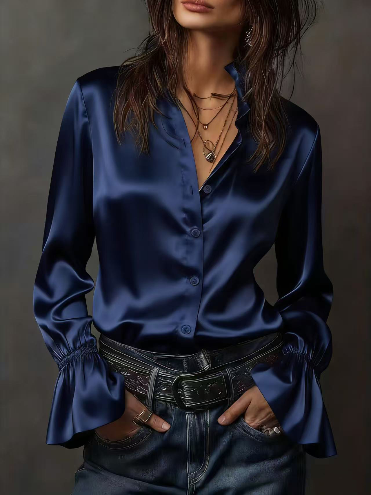 Chemise en soie unie à manches longues, nouveau style printemps-été, mode féminine streetwear, col en V, coupe droite, polyester satiné