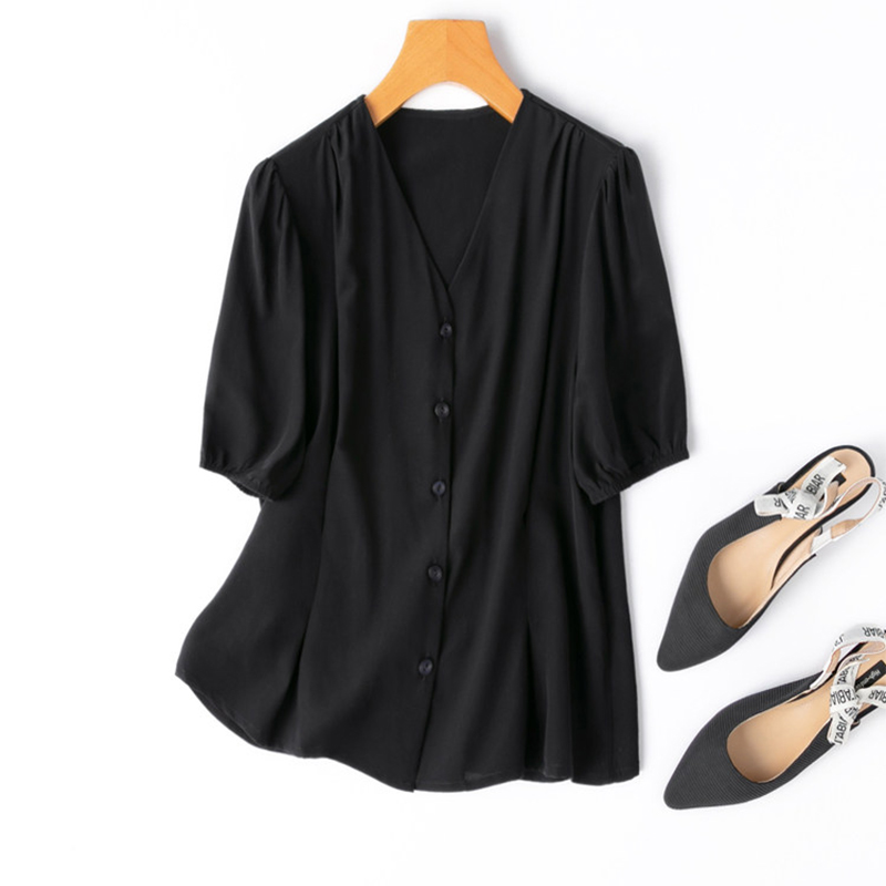 Chemisier en Soie pour Femme 100% Soie de Mûrier Crêpe de Soie Manches Courtes Couleur Noire Unie Taille Ajustée Haut Décontracté Blouse Été M1576