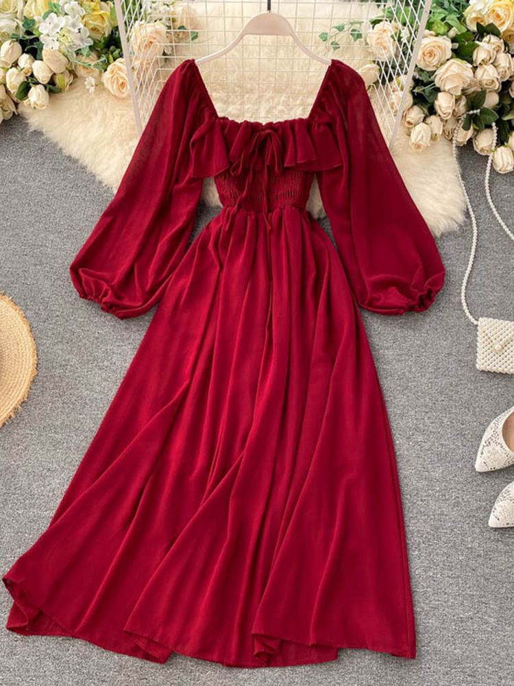 Robe Maxi élégante à col carré pour femmes, en mousseline de soie unie, manches bouffantes, Vintage, Robe de soirée de plage, à volants, Chic, Y2K