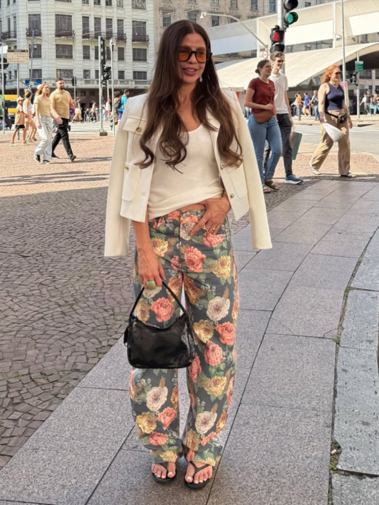 Jean pour femme 2026, imprimé floral vintage, taille haute, coupe ample, jambe large droite, en denim, style rétro effet peinture à l'huile, pantalon décontracté streetwear
