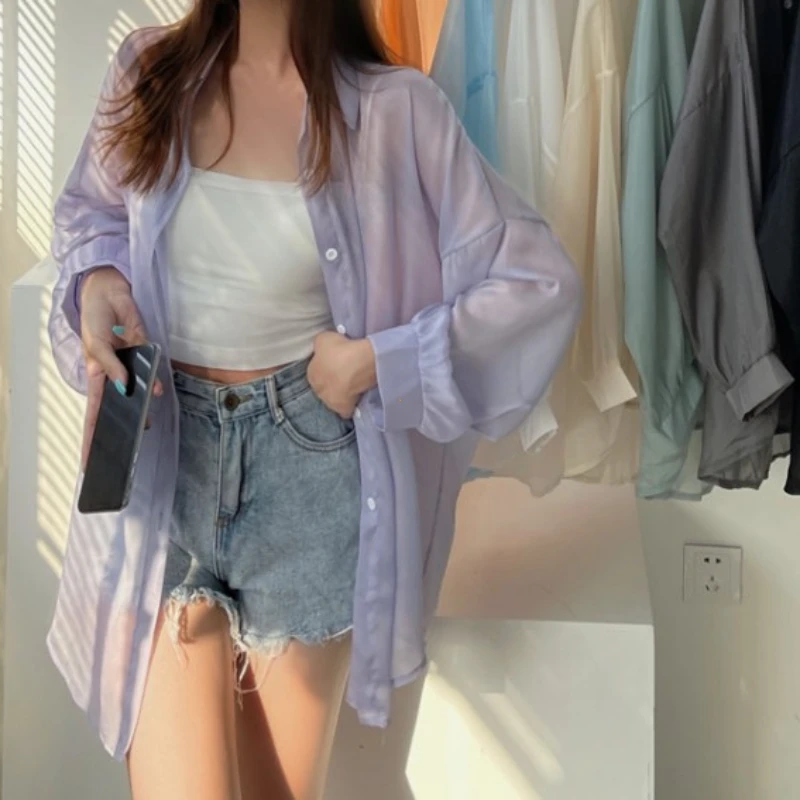 Femmes chemise à manches longues haut chemisier femme en mousseline de soie lâche été Cardigan mince Sexy couleur unie chemise décontractée vêtements d'extérieur loriзрач coi