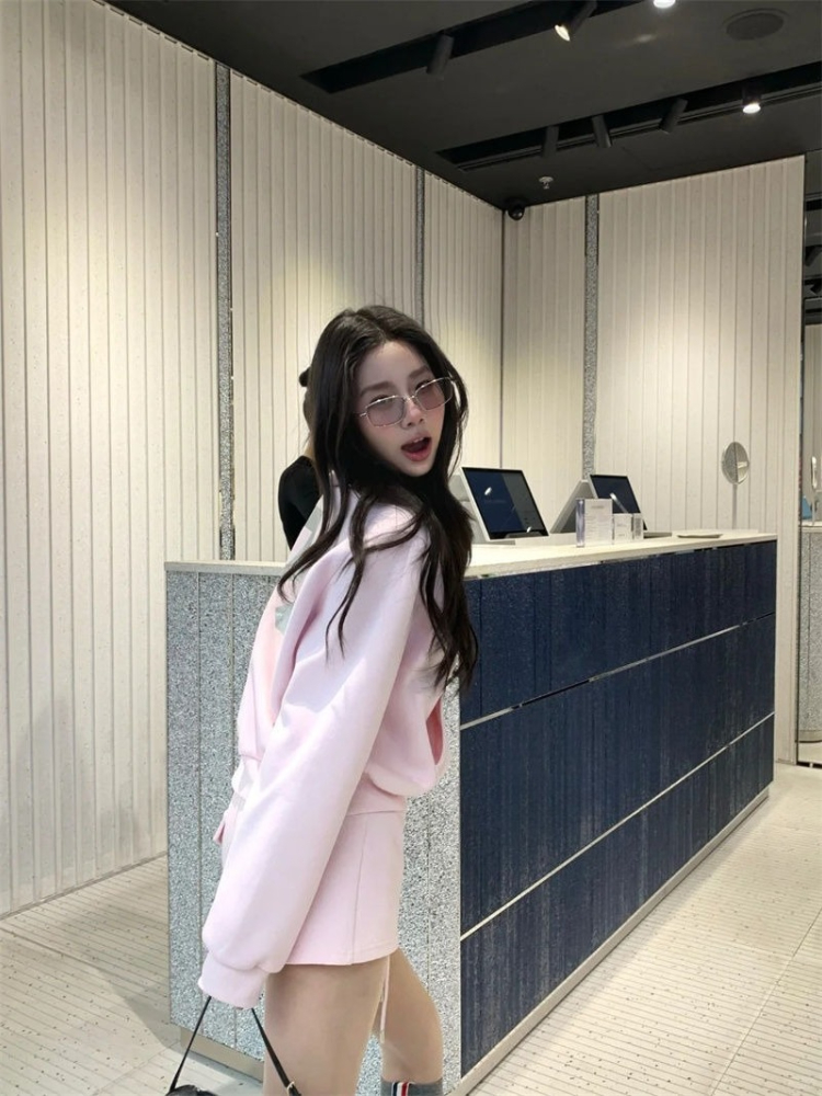 Ensemble 2 pièces décontracté rose de Style coréen pour femmes, veste à capuche avec fermeture éclair + short droit taille haute, Harajuku Chic, Streetwear, nouveau