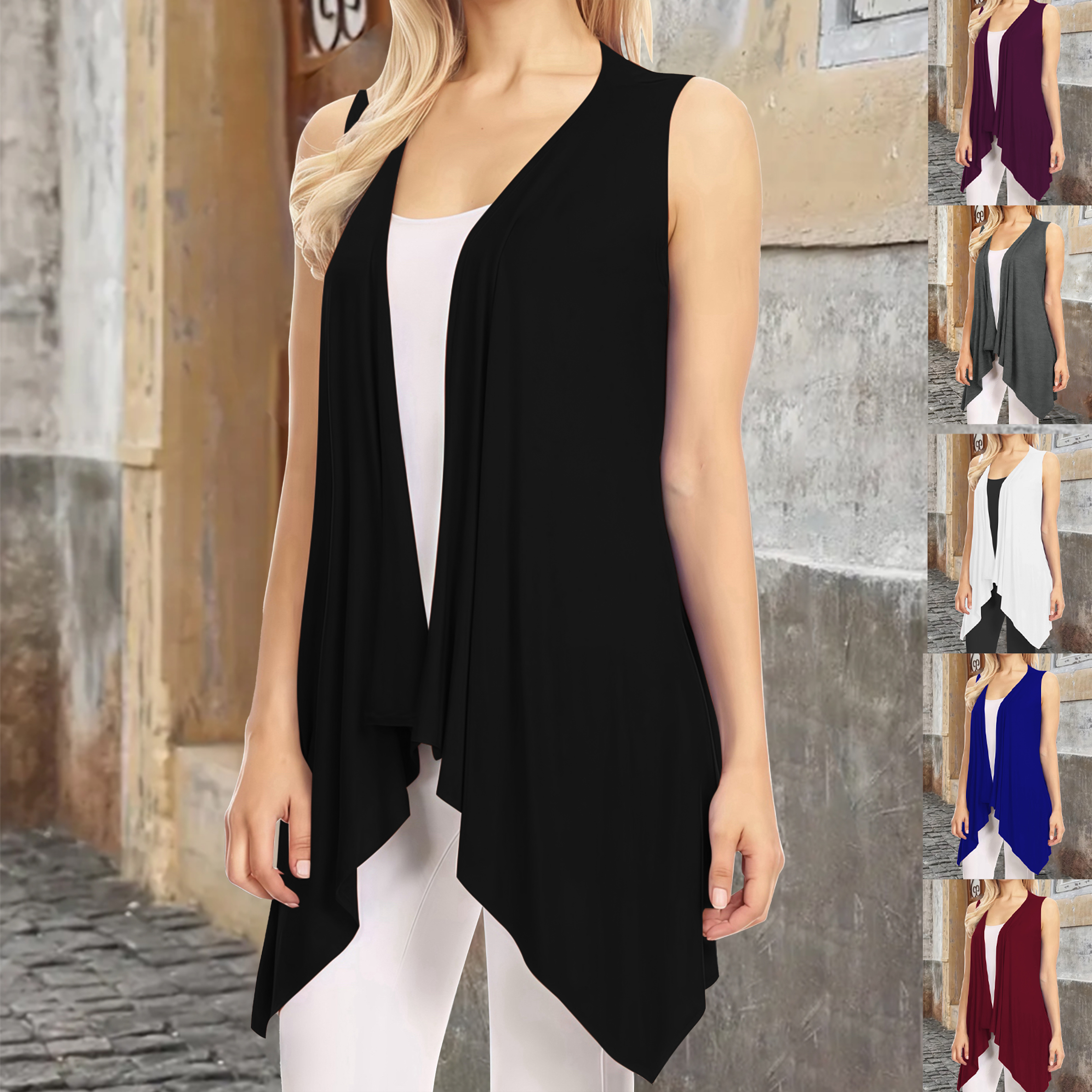 Gilet cardigan élégant sans manches ouvert sur le devant pour femme – Gilet long drapé léger de grande taille