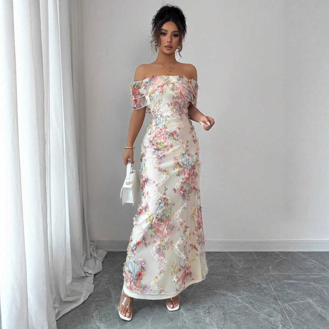 Robes pour femmes robe à volants élégante et romantique dames Sexy épaules dénudées ajustée maille robe florale robe de soirée pour femme