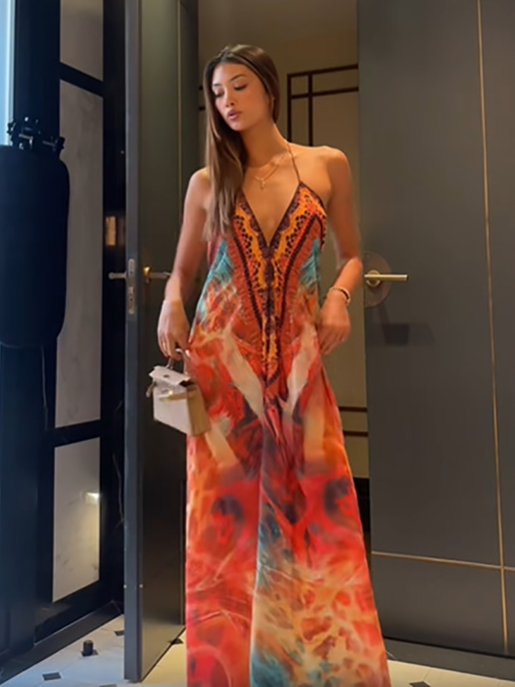 Robe longue bohème imprimée pour femme, sexy, dos nu, col en V profond, sans manches, épaules dénudées, pour vacances, rendez-vous, soirée, plage