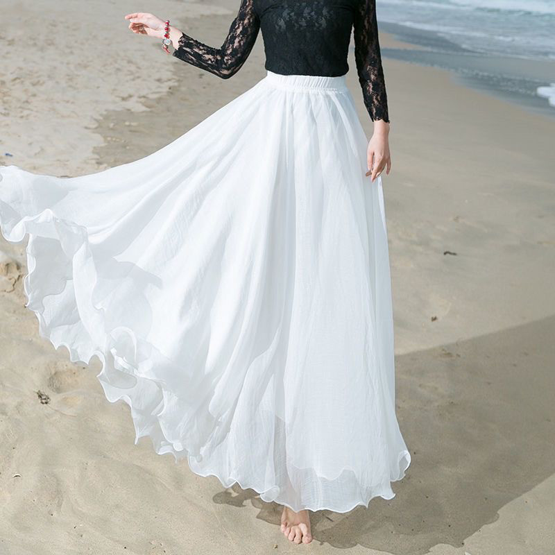 Robe de danse taille haute en mousseline de soie dorée pour femmes, jupe complète, mince, brillante, vacances à la plage, été, Louvain, 8 m, 720