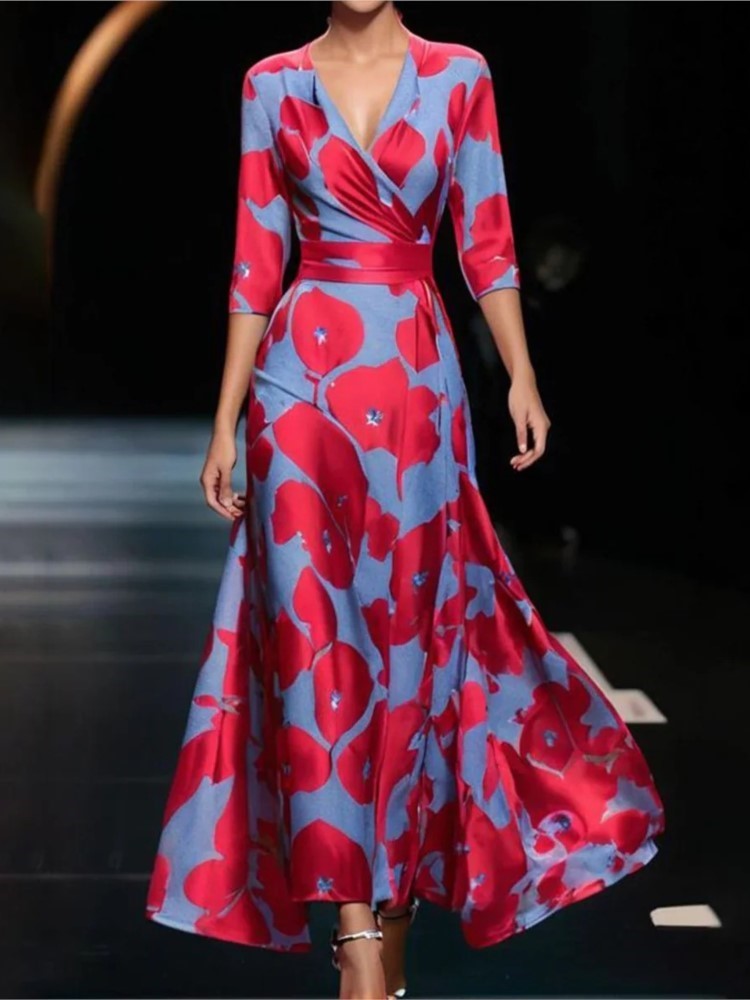 Robe à manches trois-quarts à col en V pour femmes, taille élégante, impression florale, robes décontractées pour femmes, printemps, automne, nouveau, à la mode