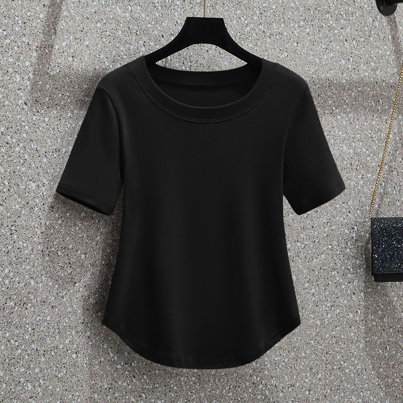 T-shirt coréen pour femme à col rond, doux, cintré, à manches courtes, couleur unie, respirant et léger