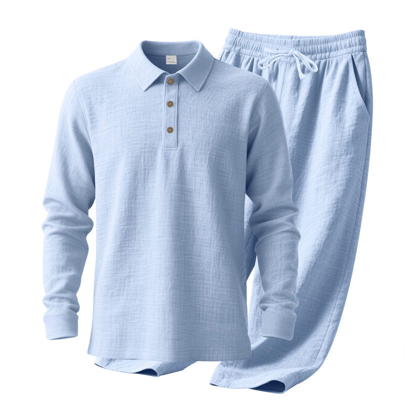 Ensemble de vêtements pour homme en lin, ensemble deux pièces : polo à manches longues et pantalon droit, vêtements de sport décontractés pour la plage