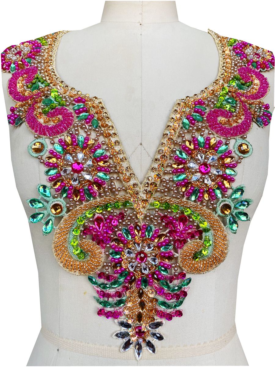 5 Style National col en V Tulle vêtements décoration arabe robe musulmane tissu de luxe à la main paillettes cristal diamant chaud matériel