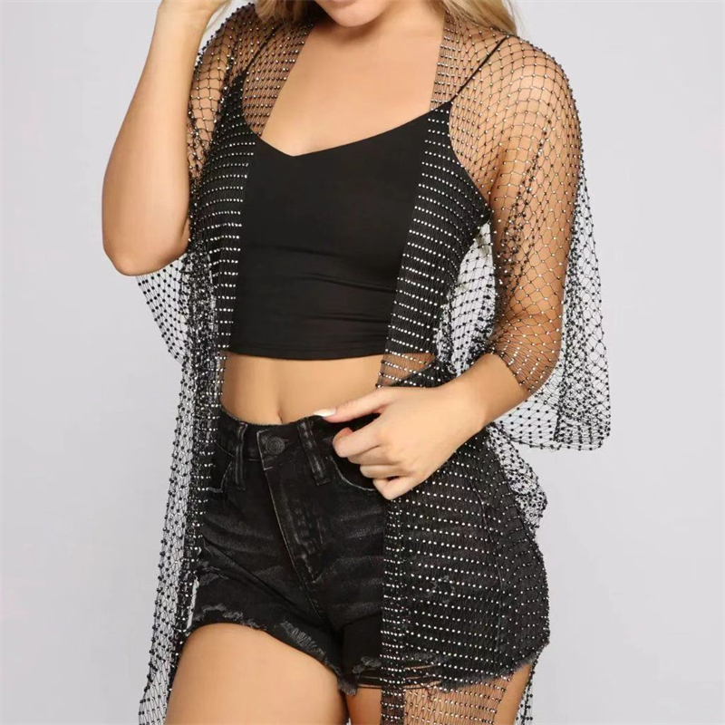 Robes pour femmes Halloween résille Kimono Robe strass couvrir noir blanc maille Robe maillot de plage Festival tenues de fête