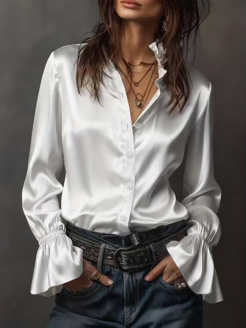Chemise en soie unie à manches longues, nouveau style printemps-été, mode féminine streetwear, col en V, coupe droite, polyester satiné