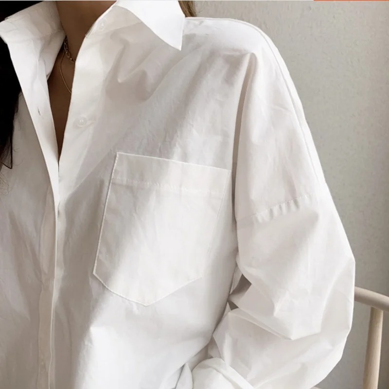 Bureau dame élégant blanc décontracté Blouses amples mode nouveau coton à manches longues femmes chemise col rabattu hauts