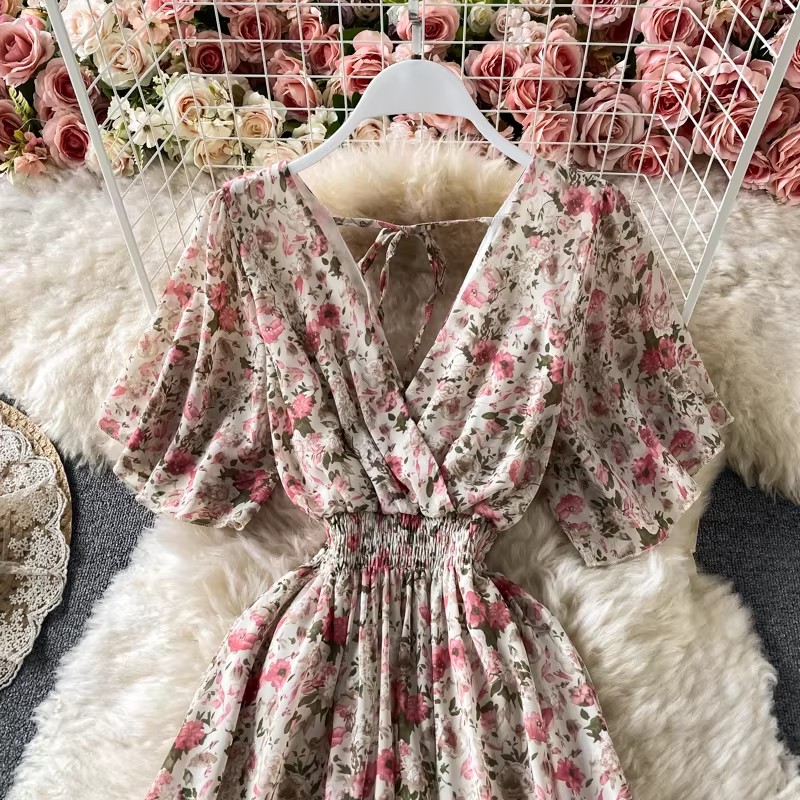 Robe longue en mousseline de soie à imprimé floral bohème pour femmes, robe de plage sexy à col en V et manches courtes, robe d'été pour les vacances, Vestidos