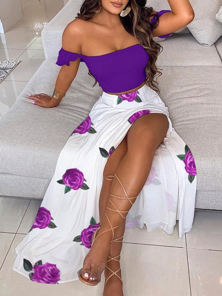 Ensemble jupe mi-longue plissée taille haute et imprimé floral pour femme, jupe longue chic pour femme, monochromatique, mode estivale, 2 pièces