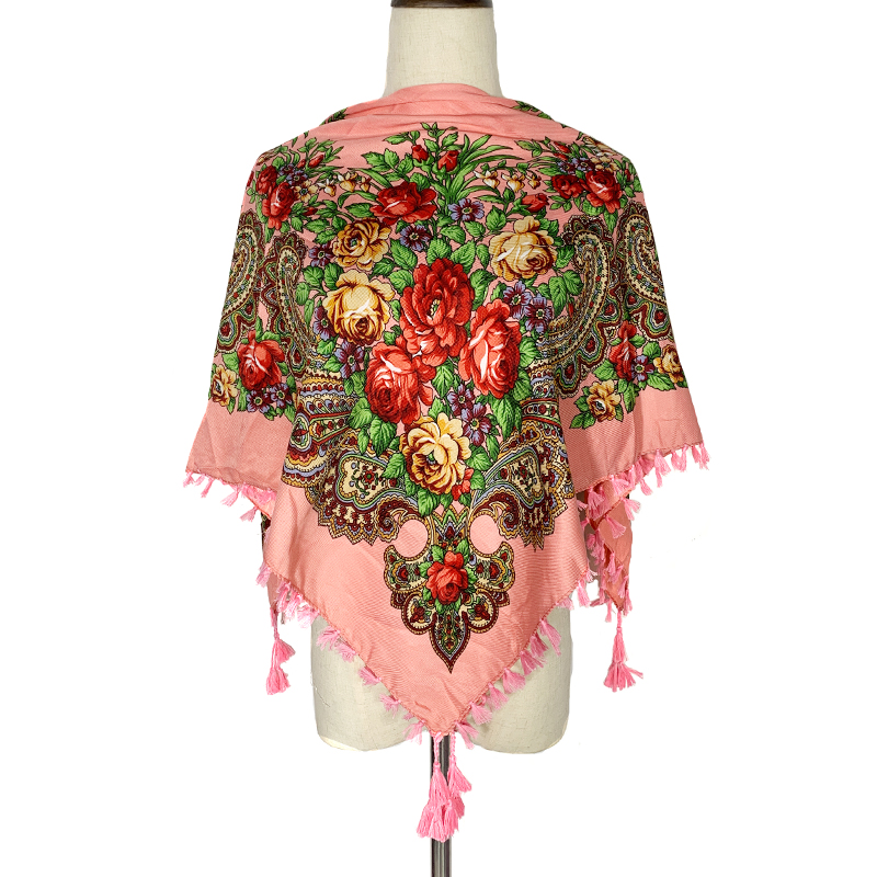 Foulard carré de Style russe, châle de luxe, imprimé Floral, à franges, bandeau pour Femme, Hijab, Babushka, Bandana