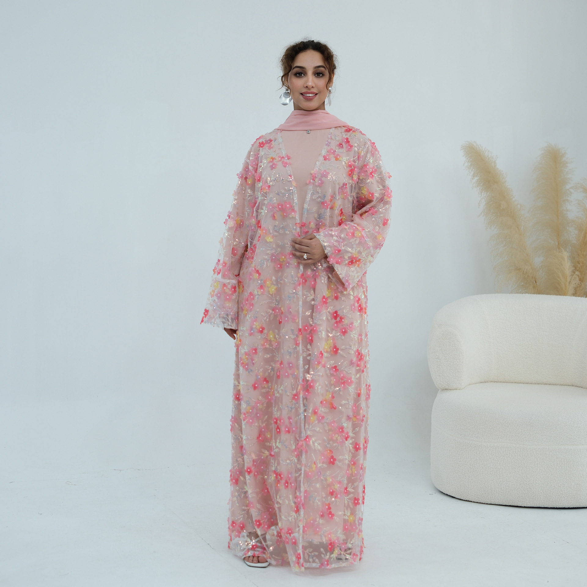 Abaya de Luxe 2026 pour l'Aïd, Ensemble 3 Pièces avec Broderie Florale 3D et Dentelle, Robe Musulmane Modeste pour Femme avec Sous-Robe et Hijab
