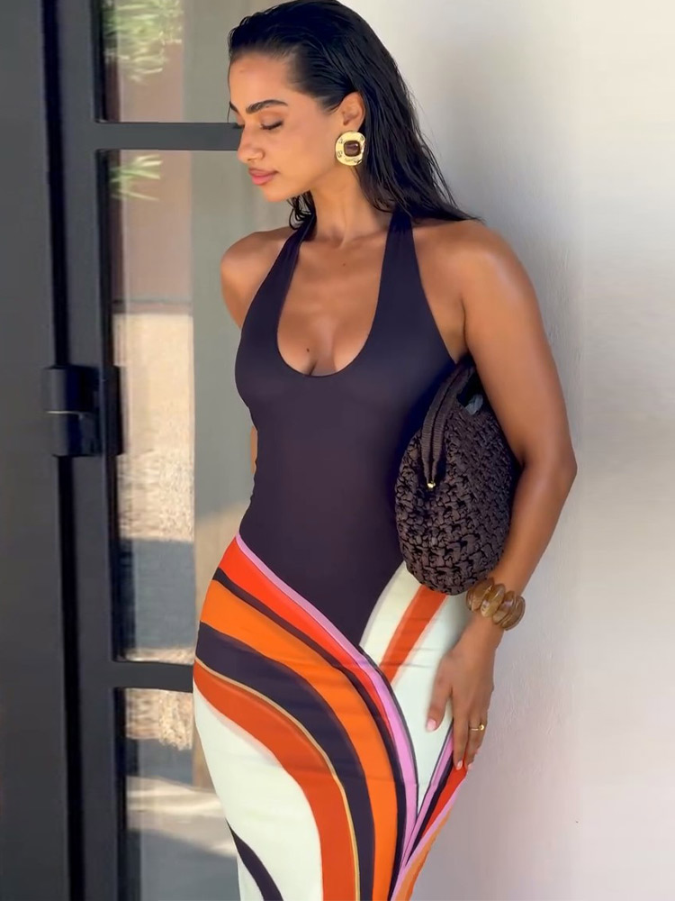 Robe longue sexy imprimée pour femme, col en V profond, sans manches, dos nu, moulante, pour les fêtes, collection été 2026, robe de soirée pour femme
