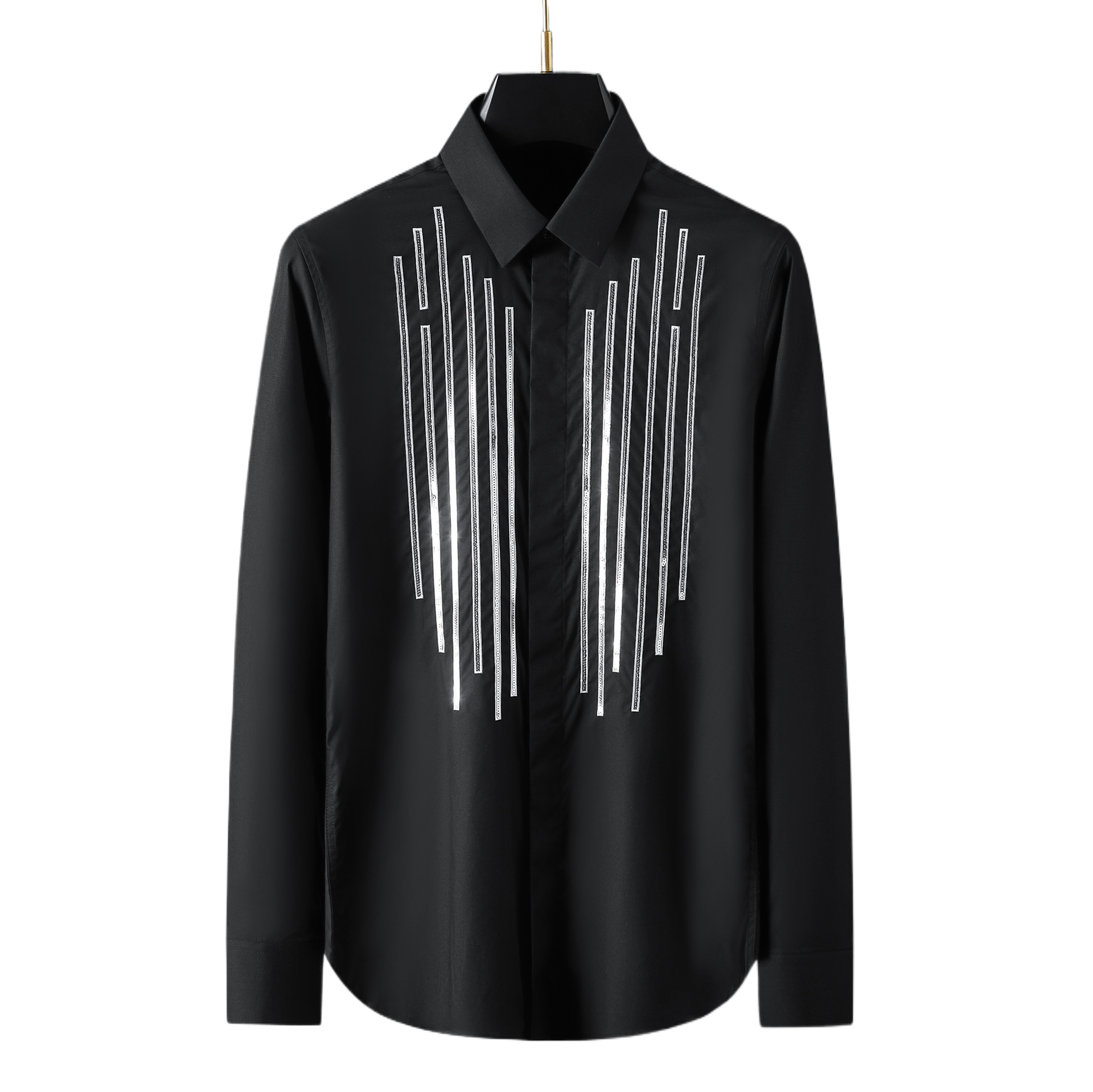 Chemise de luxe à sequins rayée à manches longues pour homme, coupe ajustée, décontractée, pour affaires, banquets, soirées et spectacles