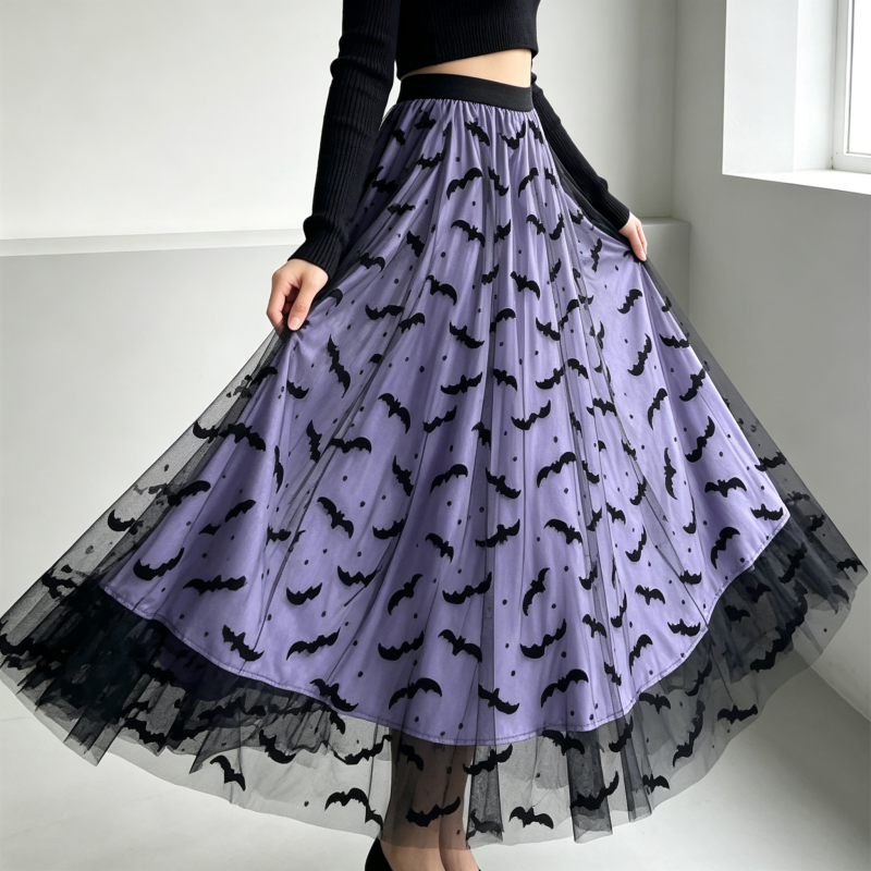 KAROFI Jupe longue en tulle pour femmes, style gothique, imprimé chauve-souris, taille haute, coupe A-line, ourlet en dentelle noire, jupe pour fête d'Halloween