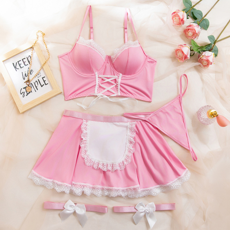 Bikini avec fines bretelles en dentelle séduisantes, ceinture amincissante, jarretières, costume de soubrette pour jeux de rôle