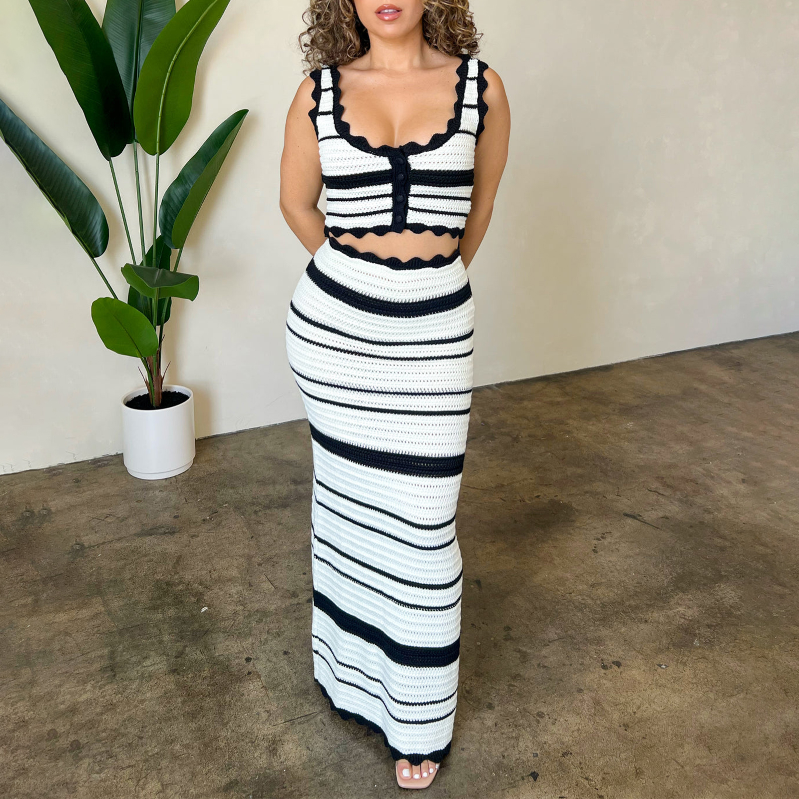 Ensemble Jupe et Haut à Rayures pour Femme, Tenue Élégante, Fermeture à lèvent, Précieux, Taille Haute, Maxi, Chic, Trempé, Été, 2 Pièces