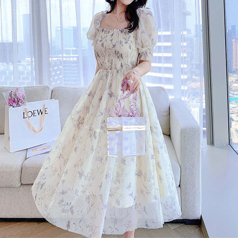 Robe florale vintage en mousseline de soie, mode coréenne élégante, robe d'été française, col carré, manches courtes bouffantes, peinture à l'encre, 20827