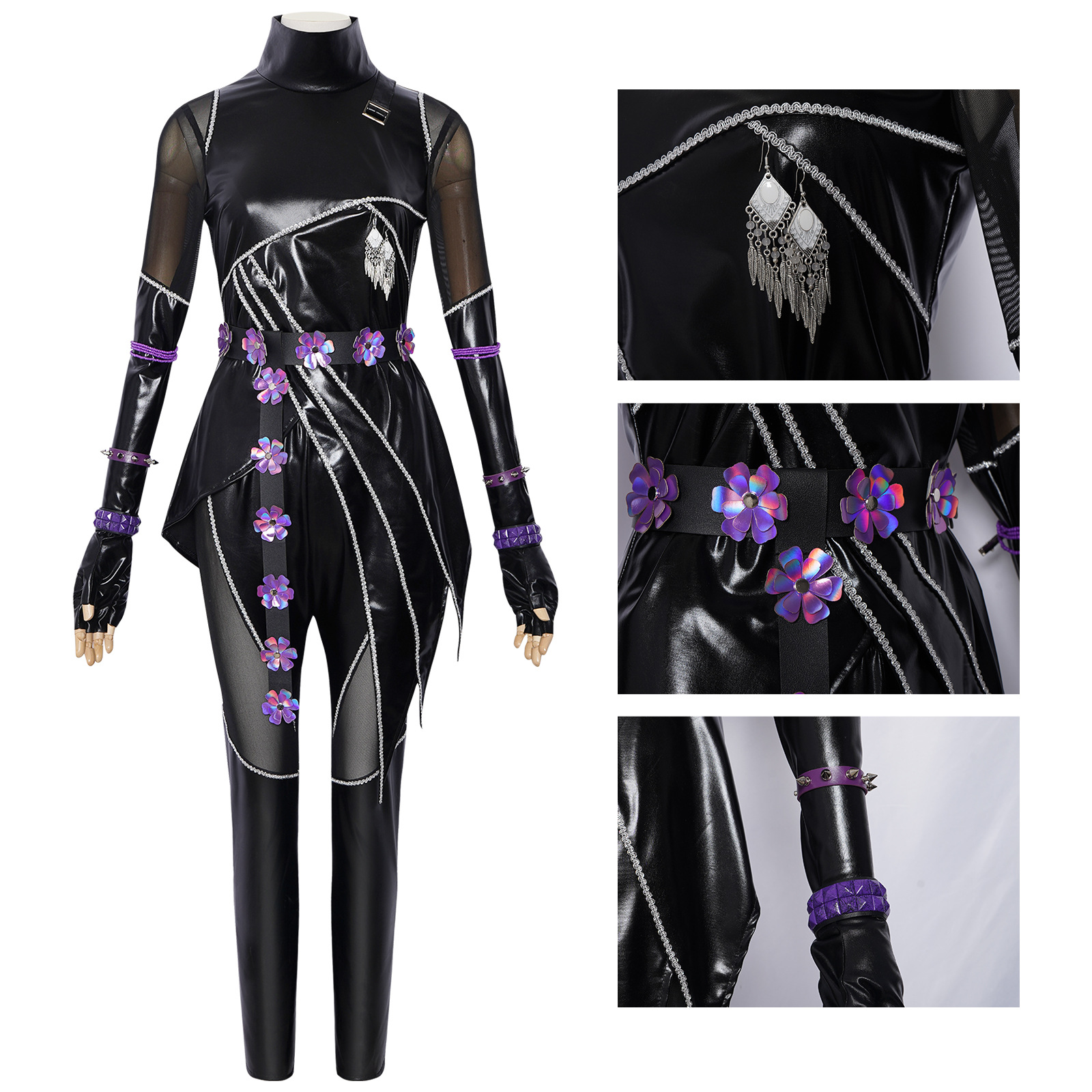 Tenues Kpop pour femmes, ensemble en cuir PU noir et violet, style Y2K cyberpunk streetwear, sexy, patchwork en mesh, costume de performance de danse jazz