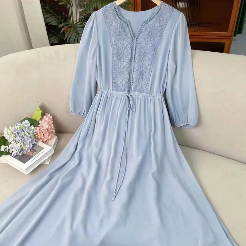 Robe longue en mousseline de soie brodée pour femmes, robes de colonne vertébrale, robes éducatives, printemps, été, nouveau haut de gamme