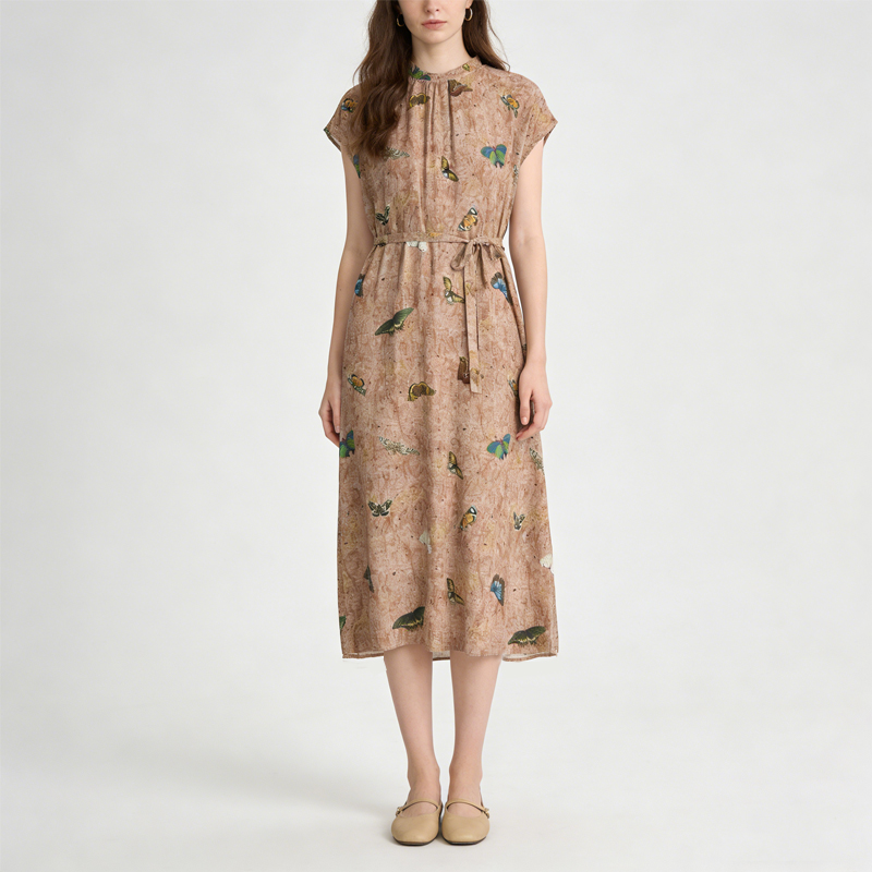 Nouvelle Robe Imprimée à Manches Courtes et Col Montant en Crêpe de Chine 100% Soie de Mûrier Naturelle pour Femme – Collection Été 2026