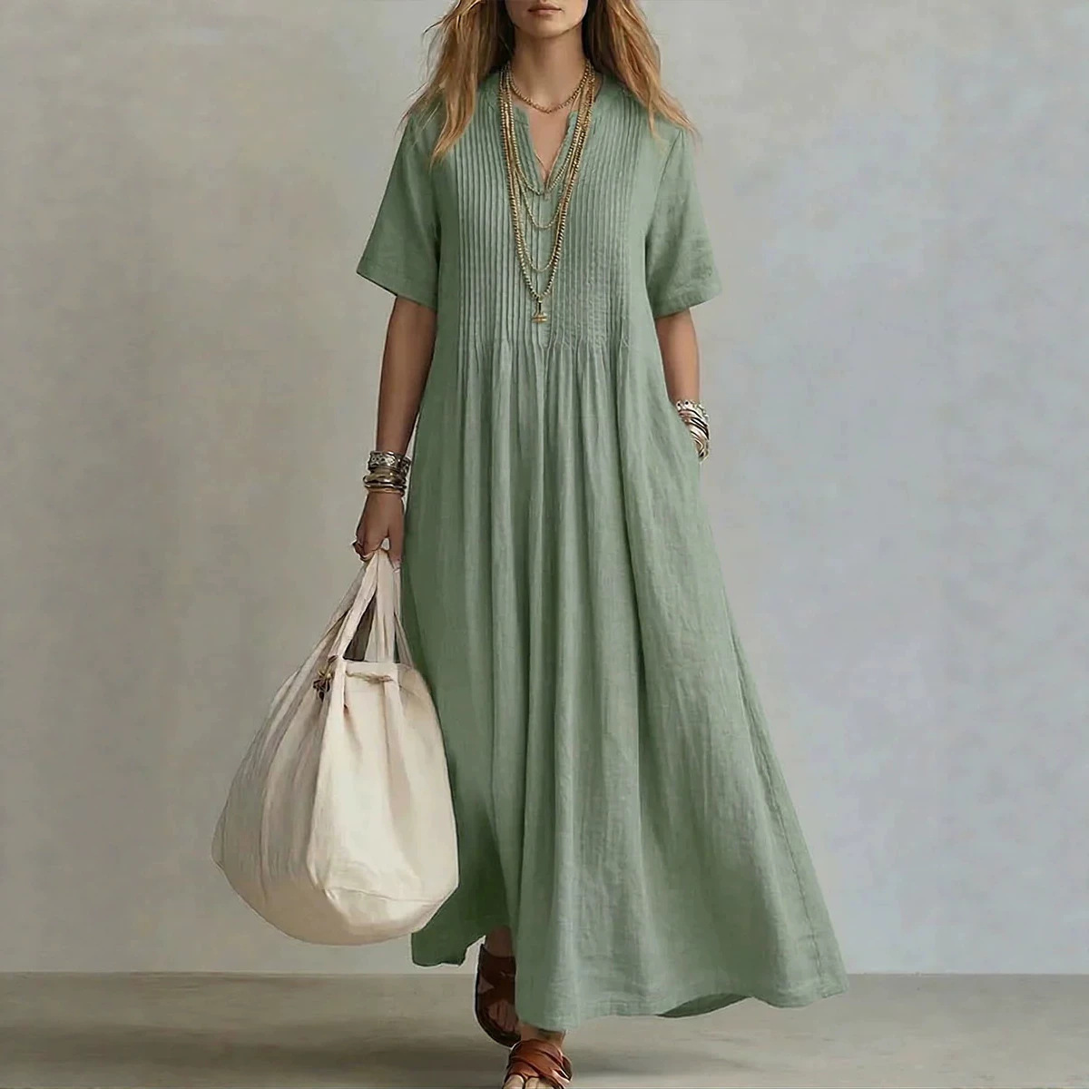 Robes pour femmes 2026 : Nouvelle collection décontractée, ample, col en V, manches courtes, plissée, en coton et lin, longue robe pour femme