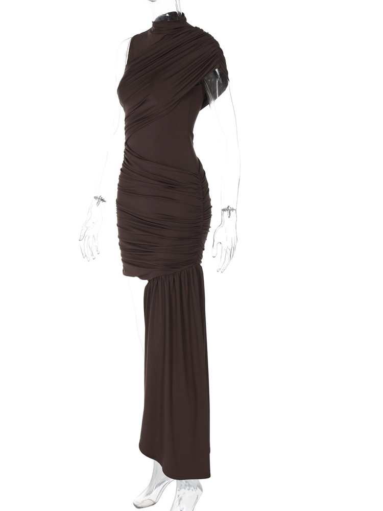 Beyprern – Mini robe drapée asymétrique marron sexy pour femmes, robe moulante unie, élégante, pour soirée, club