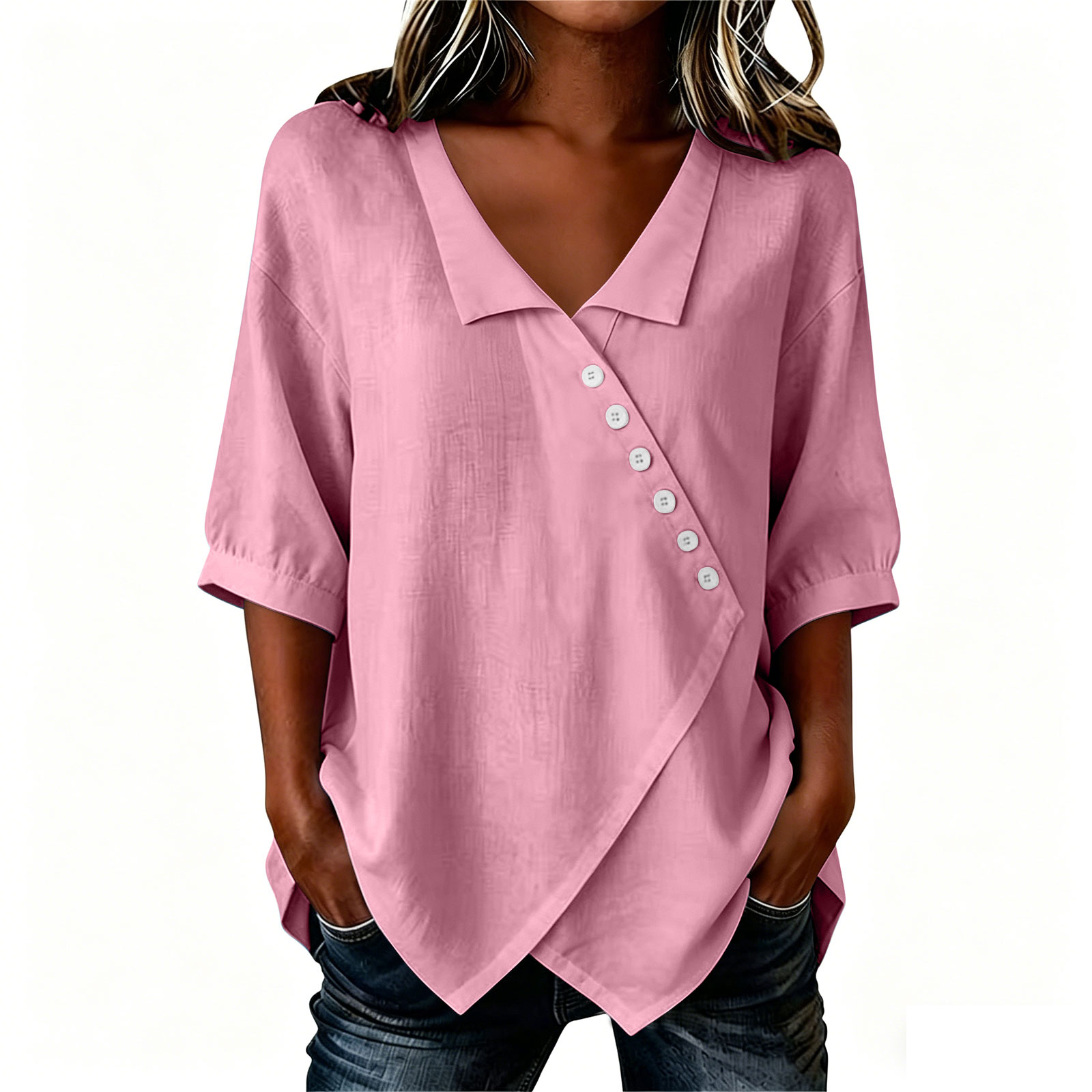 Blouses Femme Tendance 2026 – Blusas Mujer Élégantes en Coton et Lin pour l'Été – Tunique Décontractée à Col V et Manches Mi-Longues pour Dames