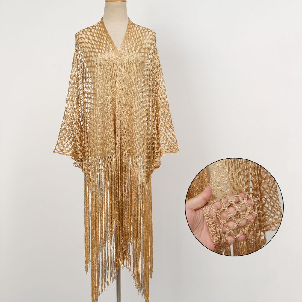 Châle en tulle pour femme, style mode, à franges et patchwork, ajouré et brillant, col en V, idéal pour soirée, bal de promo, comme cape ou écharpe d'été pour fête