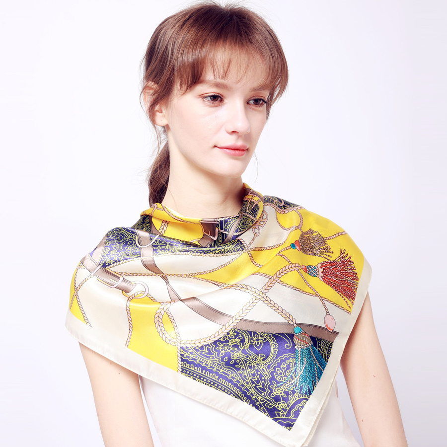 Foulard de cou en Satin de soie pour femmes, foulard Hijab imprimé, châles carrés et enveloppes, 90x90cm, à la mode