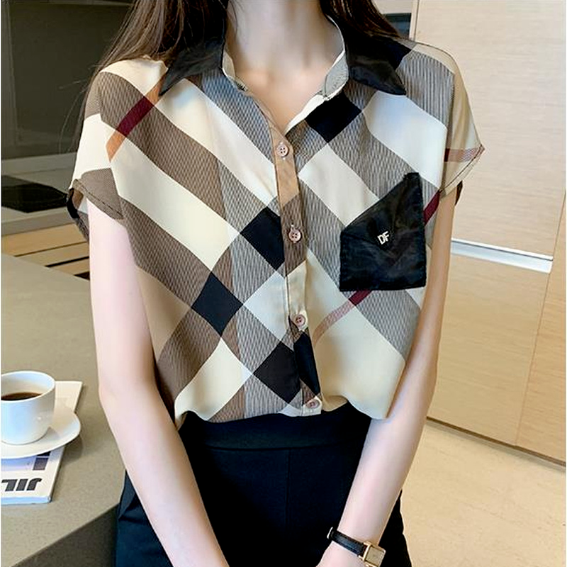 Chemise boutonnée en mousseline de soie à manches courtes pour femmes, chemisiers bon marché, vêtements de bureau décontractés, plaid coréen, jeunes femmes, tendances, haut chaud