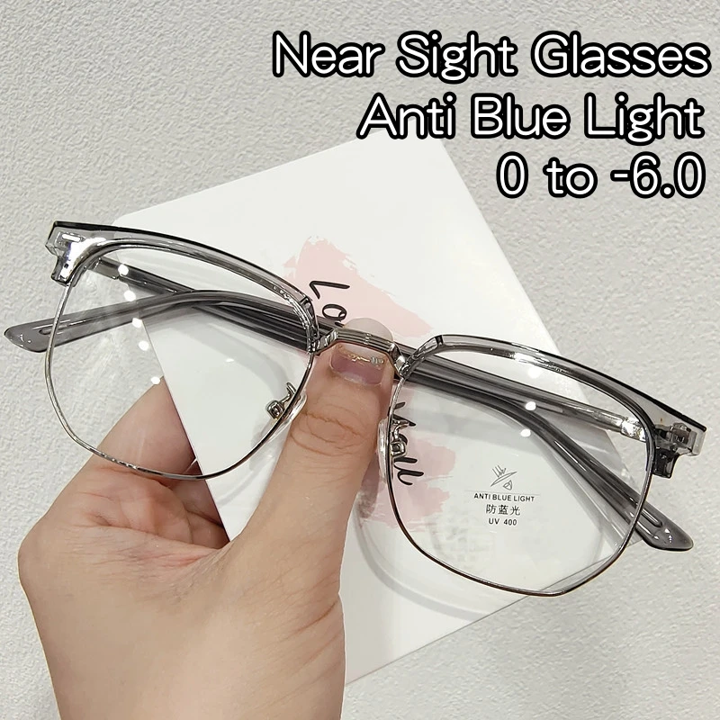 Lunettes rondes en métal pour hommes, Anti-lumière bleue, pour myopie, demi-monture optique, pour affaires, vue courte