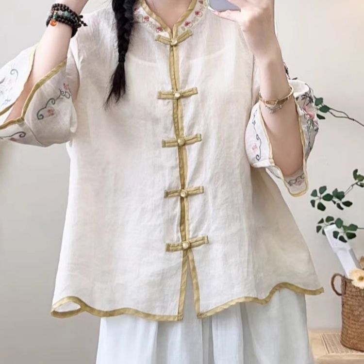 Été nouveaux hauts rétro couleur contrastée coton et lin brodé ethnique vent Blouse manches évasées Cardigan chemise pour les femmes