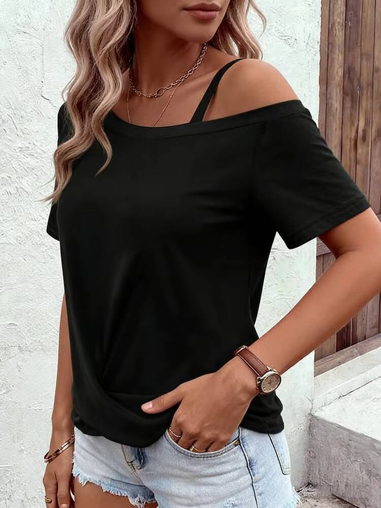 T-shirt femme noir printemps-été à une épaule, manches courtes, ourlet torsadé, coupe ample, élégant et stylé, pour le quotidien et la mode décontractée