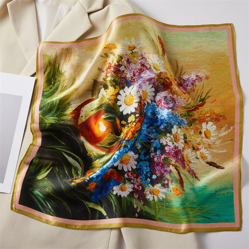 Foulard carré en soie vert or-Vermeil, écharpe en soie pour femmes, à la mode, polyvalent, imprimé Floral, cadeau pour maman, printemps automne